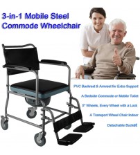 Mobile Steel Commode Wheelchair Bedside Toilet Chair Rolling Chair